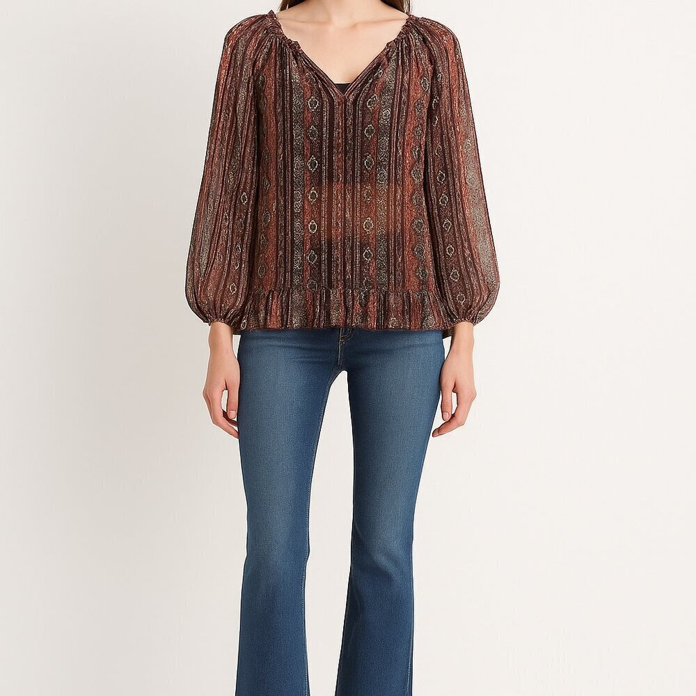 Lucky Brand Women's Bohemian Sheer Ruffle Blouse Size S Front Tie Festival